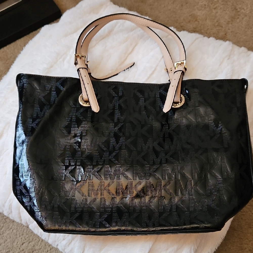 Michael Kors Black Monogram Tote with Light Pink Handles